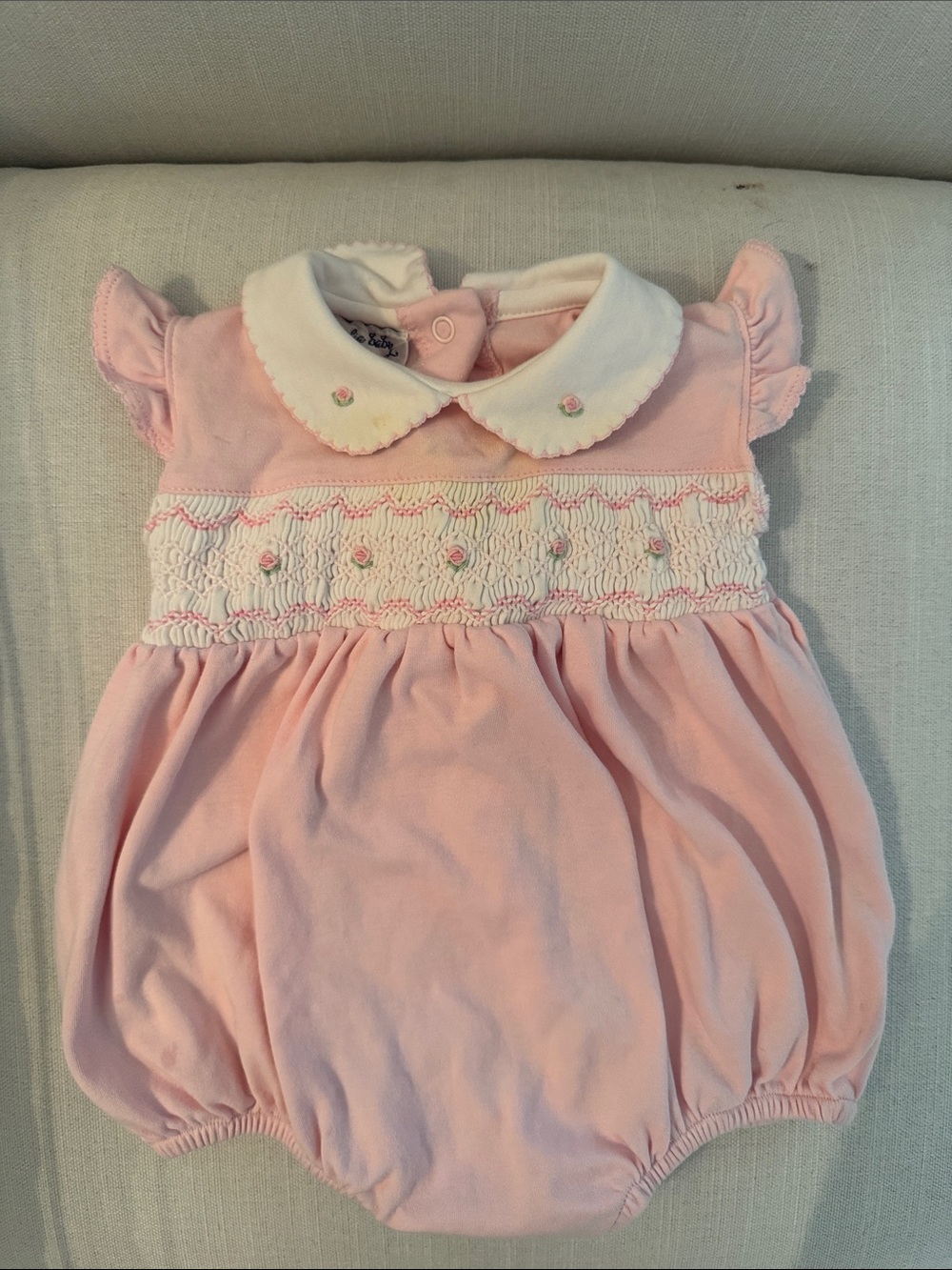 Magnolia Baby Pink Smocked Baby Romper with Peter Pan Collar